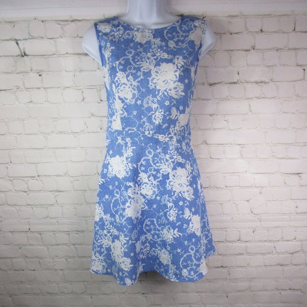 Three-e-m-a Blue and White Floral Tea Cup Lace Pattern Skater Dress